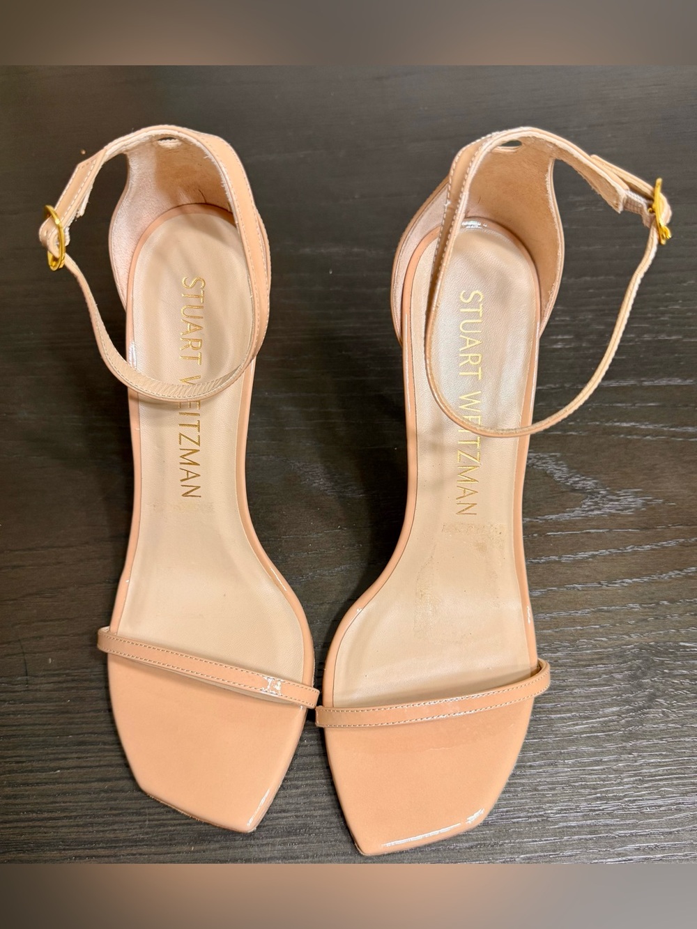 Stuart Weitzman Nude Patent Leather Ankle Strap Stiletto Heels Size 11